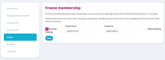 Freeze membership view with options to activate freezing, select start and end dates, allow booking, and save changes.