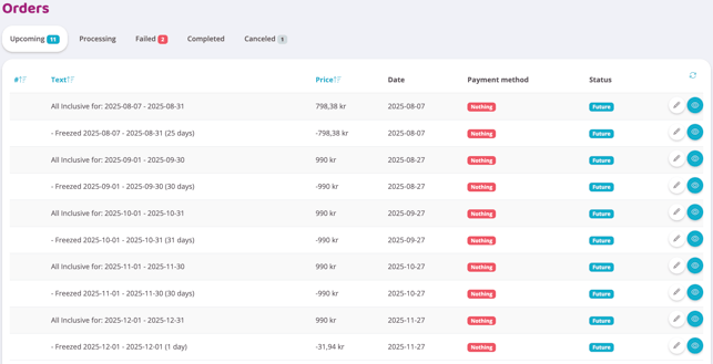 Orders list showing upcoming subscription charges and freeze adjustments with prices, dates, and statuses.