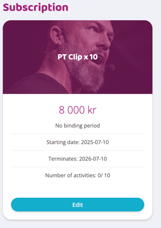 Active PT Clip x10 subscription showing price, validity period, remaining sessions, and an Edit button.