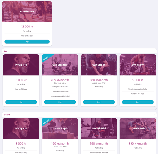 Product overview showing multiple gym and CrossFit memberships and clip cards with prices and Buy buttons.