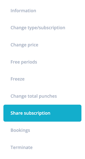Subscription action menu with options to manage details, freeze, share the subscription, view bookings, or terminate it.