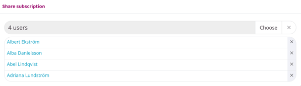 Share subscription view showing selected users with the option to add or remove users.