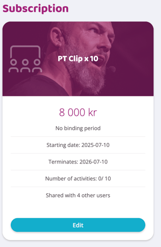 Active PT Clip x10 subscription showing price, validity dates, remaining sessions, sharing status, and an Edit button.