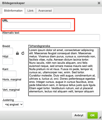 Image properties dialog with the URL input field highlighted, showing where to add the image source link.