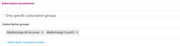 Subscription permissions showing selected subscription groups and an option to manage exceptions.