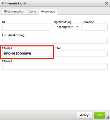 Image properties dialog with the style class field highlighted, showing the value “img-responsive”.