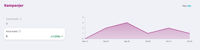 Skärmbild av vyn ‘Kampanjer’ med sammanfattning av antal besök och antal leads samt en linjegraf som visar utvecklingen över tid