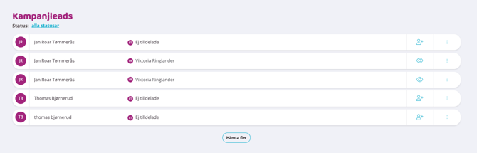 Skärmbild av vyn ‘Kampanjleads’ med ett statusfilter och en lista över leads, där varje rad visar namn, tilldelning/ansvarig samt åtgärdsikoner till höger.