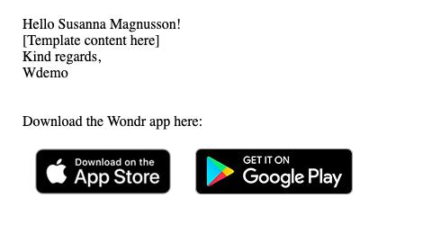 Email preview showing a personalized greeting, template content, sender name, and app download buttons for the App Store and Google Play.