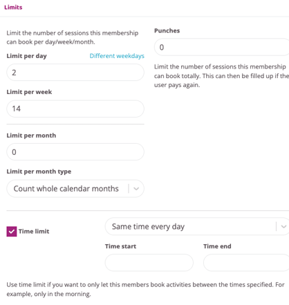 Limits settings for sessions per day, week, month, and total punches.