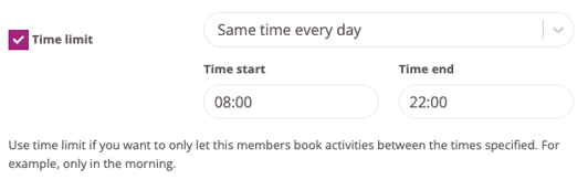 Time limit enabled with booking allowed daily between 08:00 and 22:00.