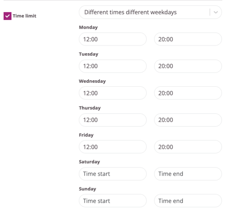 Time limit enabled with different booking times set for each weekday and separate fields for weekends.