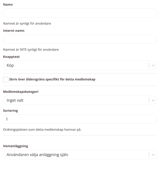Formulär i administratörsvy för att konfigurera ett abonnemang, med fält för visningsnamn, internt namn, knapptext, valbar åldersgräns, kategori och sorteringsordning.