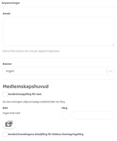 Anpassningssektion för ett abonnemang med fält för övrig information, val av banner samt inställningar för rubrikens utseende med bild- och färgalternativ.