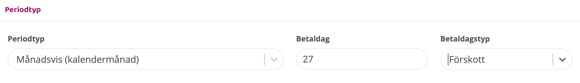 Inställningar för medlemskapsperiod med val för månatlig periodtyp, betaldag och betalningstyp.