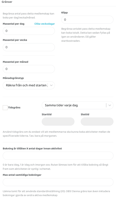 Gränsinställningar för medlemskap med fält för maxantal pass per dag, vecka och månad, klipp, månadstyp, eventuell tidsgräns med start- och sluttid, hur många dagar i förväg man får boka och max antal samtidiga bokningar.