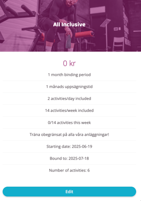 All Inclusive membership overview with pricing, activity limits, dates, and an Edit button.