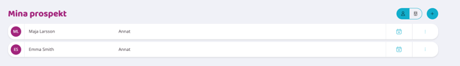 Skärmbild av vyn ‘Mina prospekt’ med en lista över personer, där varje rad visar namn och status samt ikoner för åtgärder.