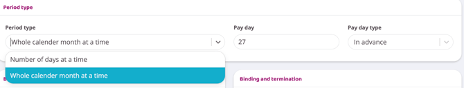 Period type settings with billing interval, pay day, and pay day type
