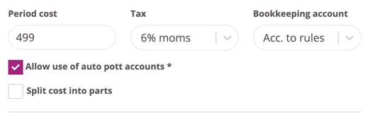 Period pricing settings with cost, tax, bookkeeping account, and cost options.