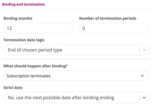 Binding and termination settings with binding length, termination rules, and post-binding behavior.