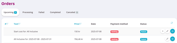 Admin orders page with tabs for upcoming, processing, failed, completed and canceled payments, and a table listing each order’s description, price, date, payment method and status.