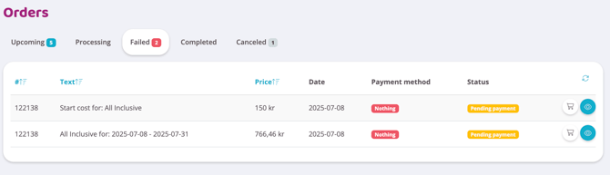 Admin orders page with the “Failed” tab selected and a table listing failed orders with description, price, date, payment method and status as pending payment.