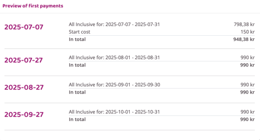 Preview of upcoming subscription payments with dates, billing periods, and total amounts.