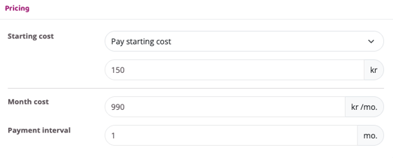 Pricing settings showing starting cost, monthly cost, and payment interval fields.