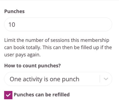 Punch card settings showing number of punches, punch counting method, and refill option.