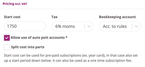 Pricing settings with start cost, tax selection, bookkeeping account, and cost options.