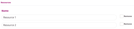 Resources settings page showing two resources named Resource 1 and Resource 2, each displayed as an editable name field with a Remove checkbox.