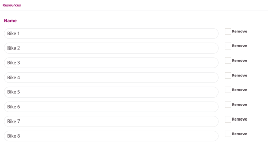 Resources settings page listing multiple resources named Bike 1 through Bike 8, each shown as an editable name field with a corresponding Remove checkbox.