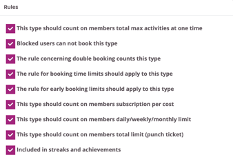 Rules section showing multiple booking and subscription-related options selected, defining how this activity type affects member limits, booking restrictions, and achievements.