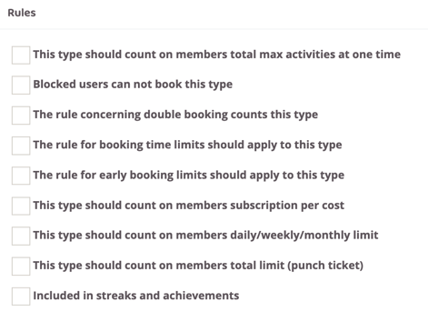 Rules section with multiple unchecked checkboxes controlling how the booking type is counted, including limits, double booking, blocked users, subscription cost, punch tickets, and inclusion in streaks and achievements.