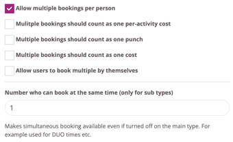 Booking rules showing options for allowing multiple bookings per person, how multiple bookings are counted, and a field to set how many users can book at the same time.
