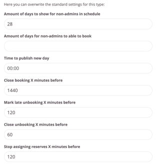 Advanced booking rules panel where admins can override default settings, including how many days are shown in the schedule, how far in advance non-admins can book, publishing time for new days, and time limits for booking, unbooking, and assigning reserves.