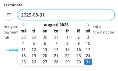 Calendar view for selecting a termination date.