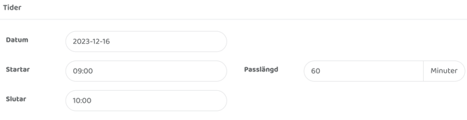 Inställningsvy för tider på en aktivitet med fält för datum, starttid, sluttid och längd i minuter.