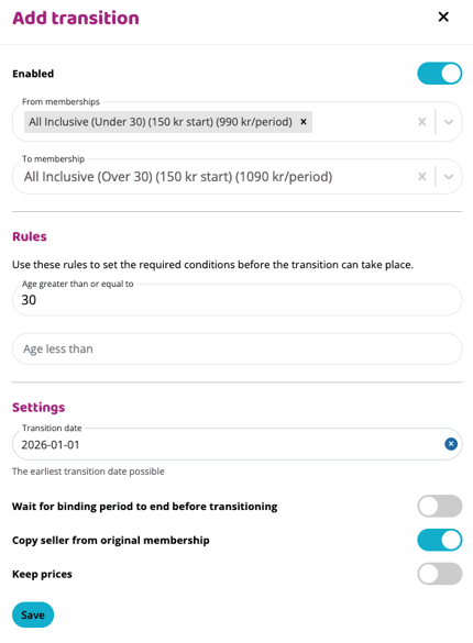 Add transition form showing enabled status, from and to memberships, age-based rules, transition date, and transition settings with a Save button.