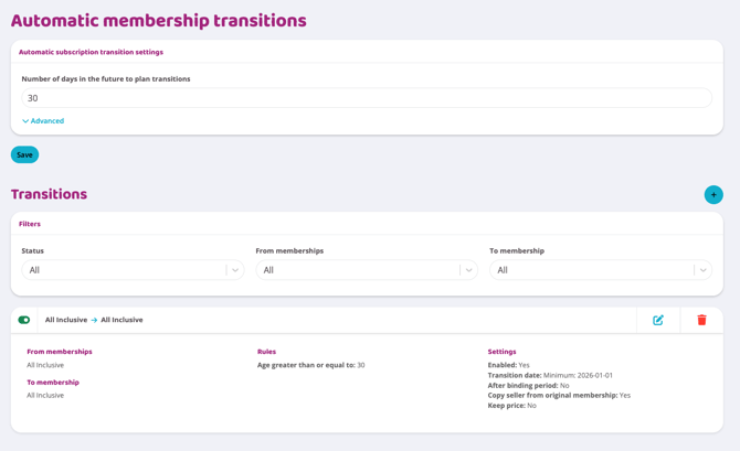 Automatic membership transitions page showing transition planning settings, filters, and a list of configured transitions with rules and settings.