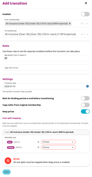 Add transition form showing memberships, age-based rules, transition date, keep prices enabled, cost split mapping fields, and an error message.