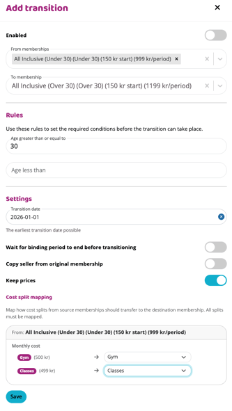Add transition form with memberships, age-based rules, transition date, keep prices enabled, and completed cost split mapping.