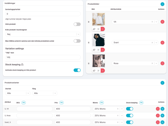 Admin view for a product showing settings, product images linked to colours, and a table of product variations with size, colour, price, tax and stock status.