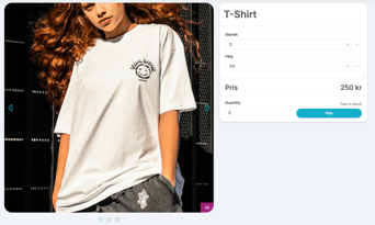 Product view for a T-shirt with a large image on the left and size, colour, price and buy button on the right.